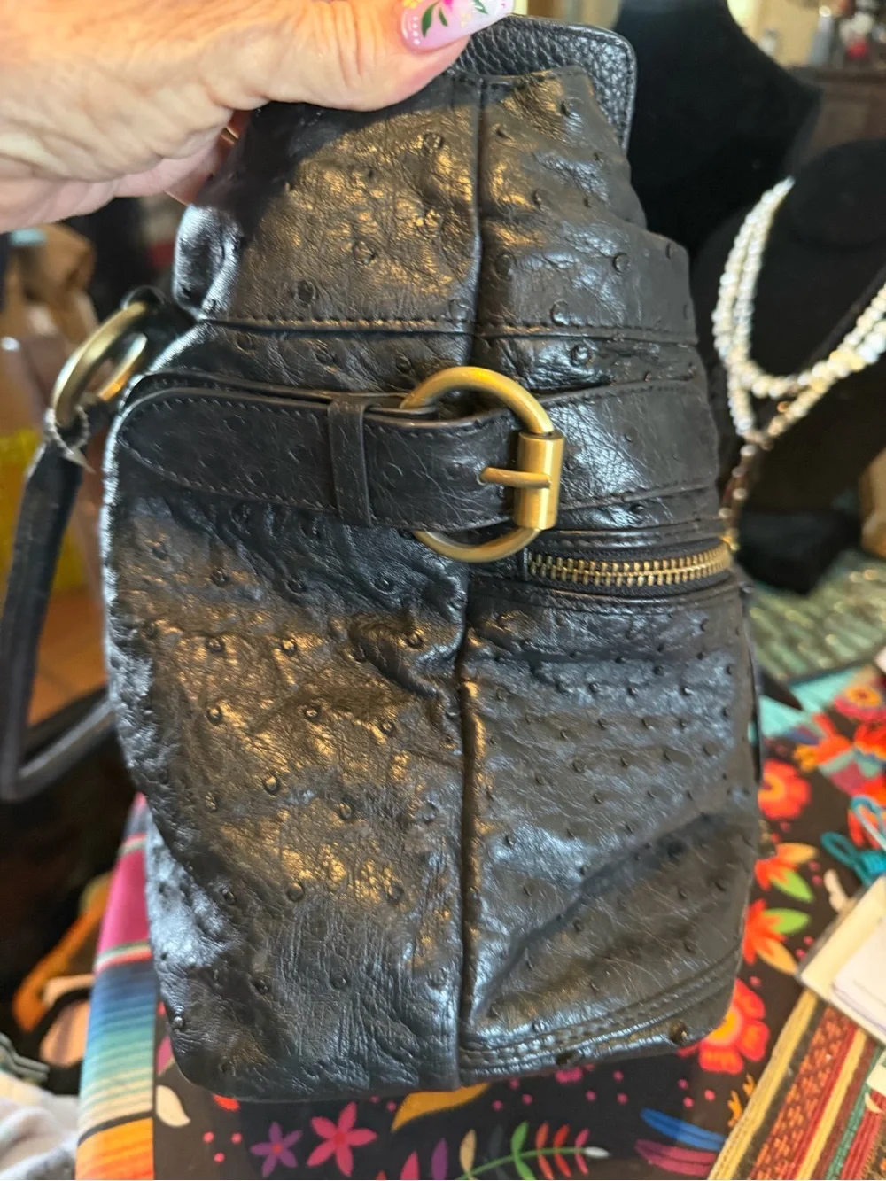 Gorgeous Vintage Black Leather Ostrich Large Bag